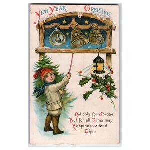 Vintage New Year Greeting Postcard with Bells & Child in Winter Scene